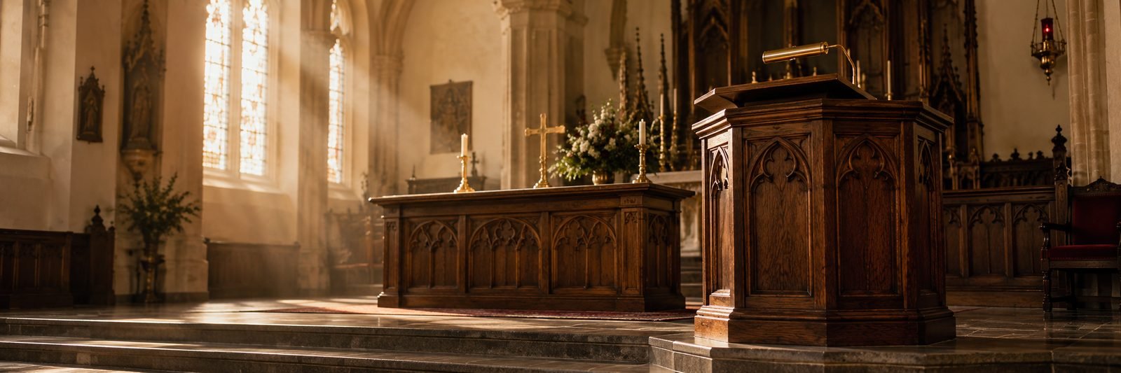 Oak pulpit and communion table at the front of a sanctuary
