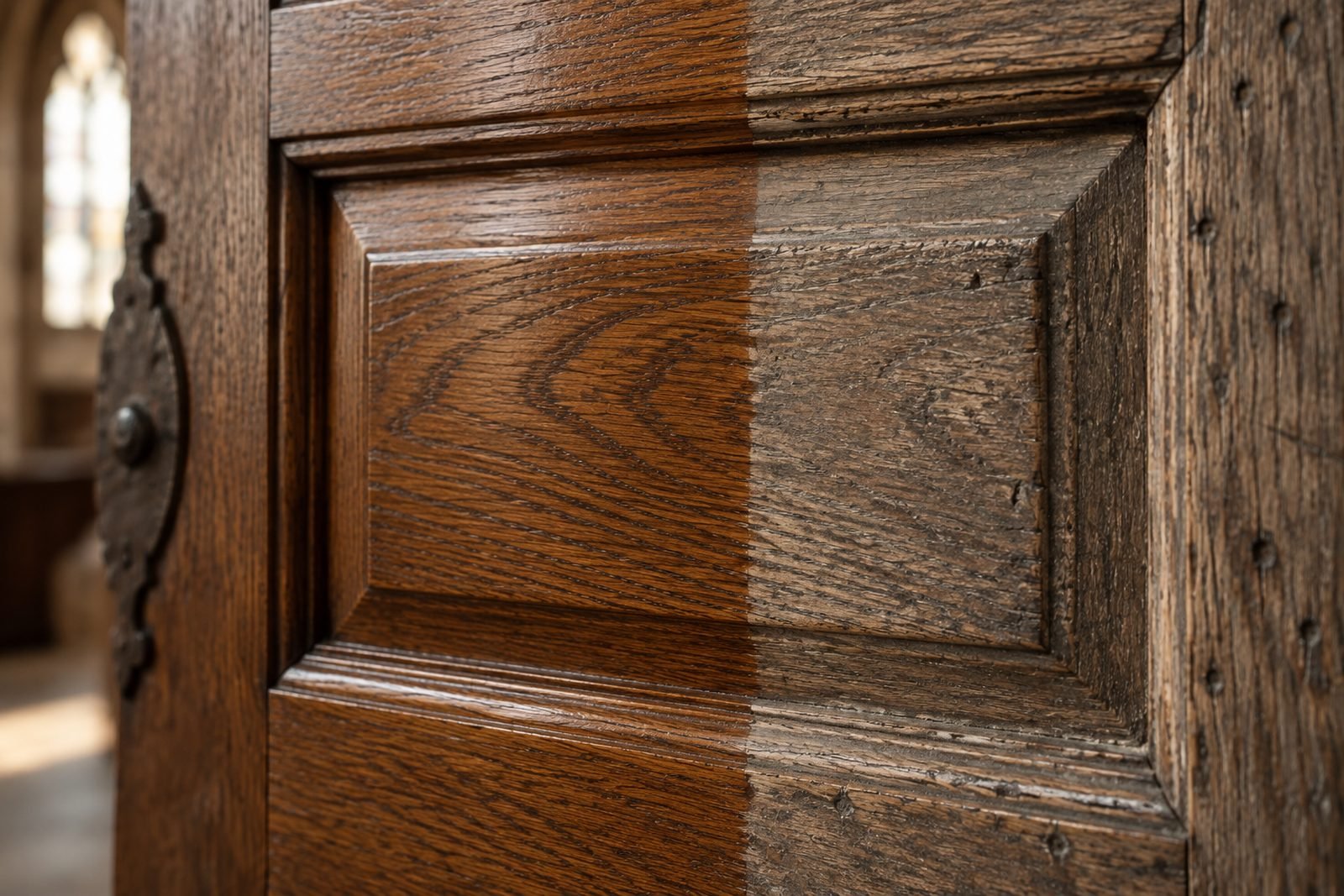 Oak door panel half refinished, half weathered
