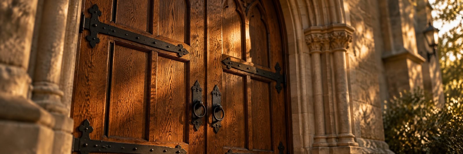 Arched oak church entry doors with iron strap hinges