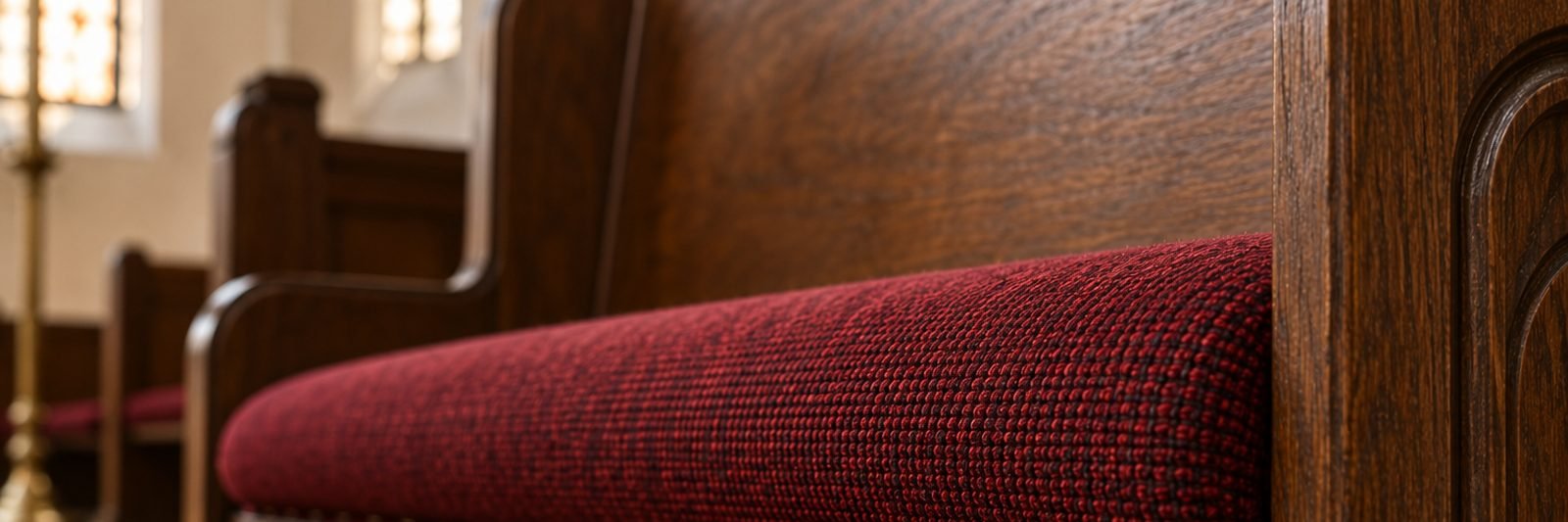 Oxblood woven upholstery on a church pew seat