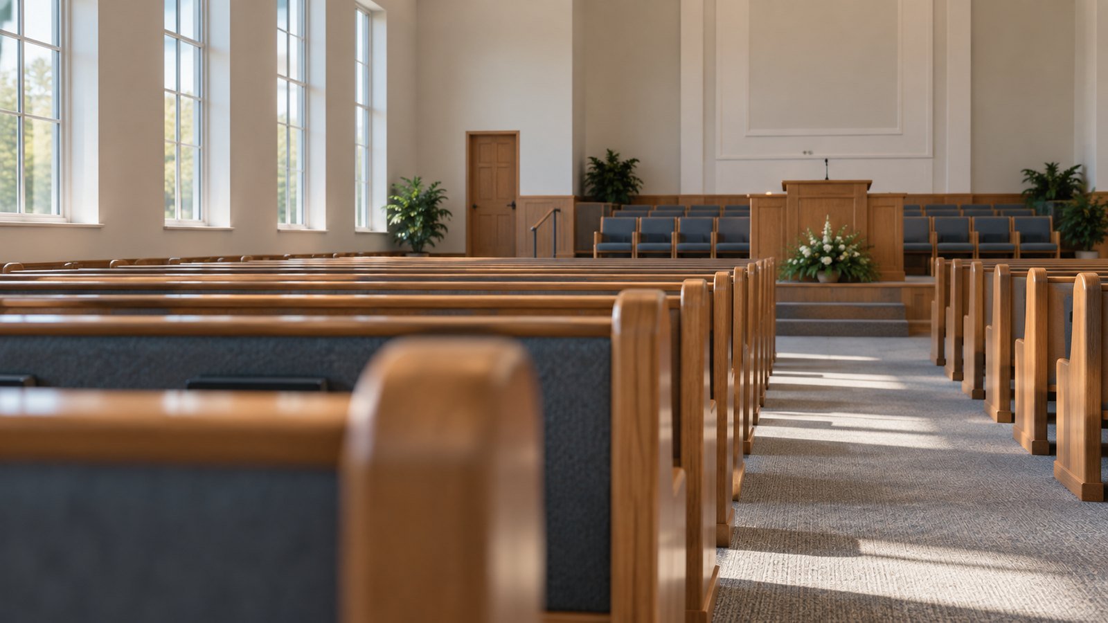 Modern church sanctuary with light oak pews and gray upholstered seats in morning daylight