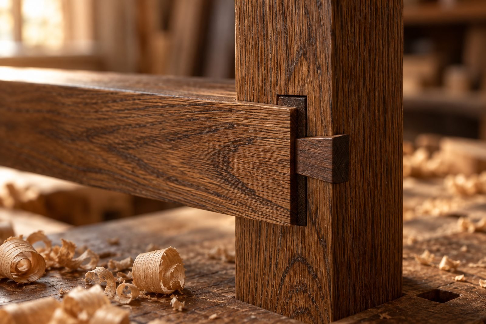 Wedged through-tenon in solid oak on a workbench